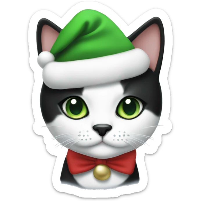 Tuxedo cat with green eyes with black spot under the nose and christmas hat on  sticker