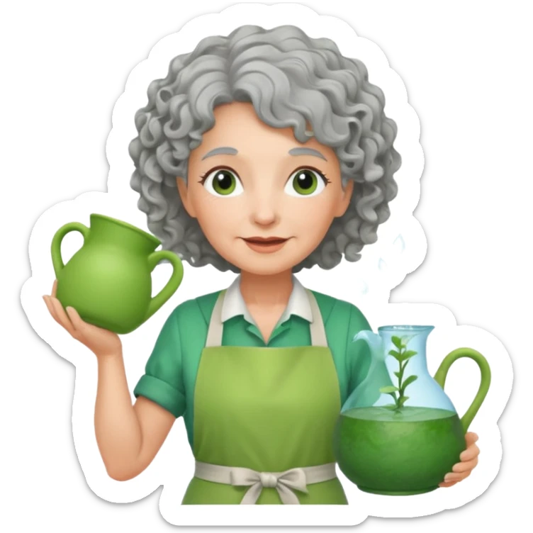 Older female florist – curly hair, holding garden water pot sticker