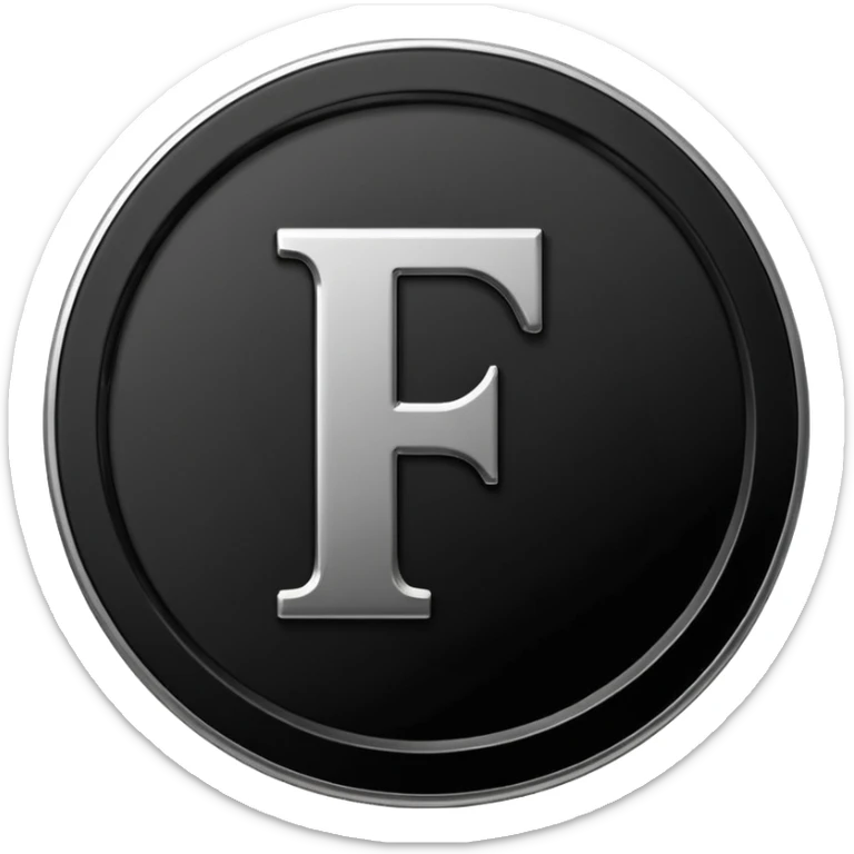 Emoji icon of a black coin with engraved letter F, minimalist style, isolated, no color sticker