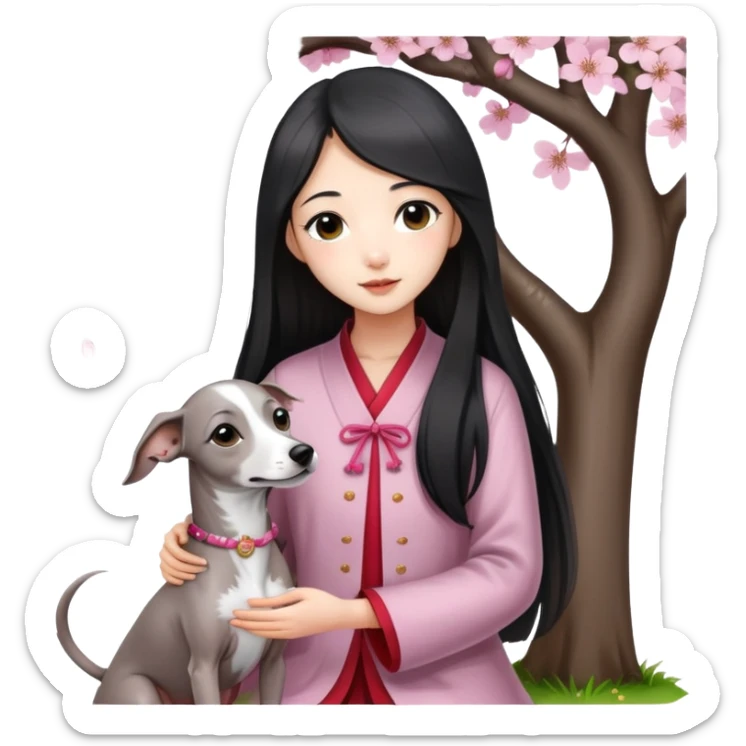 A young Chinese girl with long black hair and a pure grey Italian Greyhound with no white markings sitting under a cherry blossom tree sticker