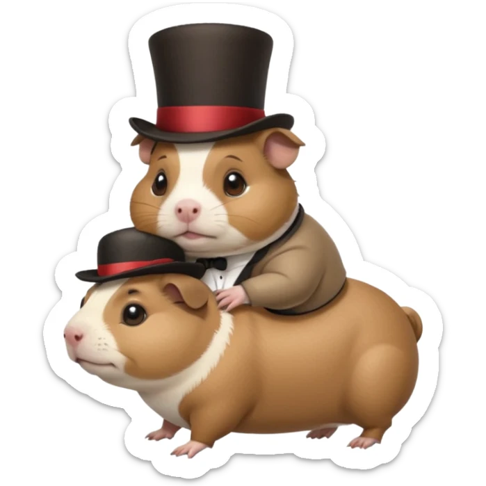 a cute guinea pig wearing a top hat riding on the back of a chubby pug sticker