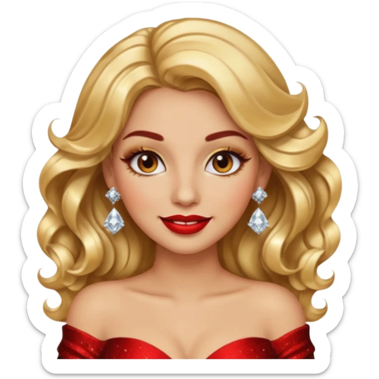 “Emoji girl, glamorous smile, shimmering gold eyeshadow, bold red lips, voluminous waves, dramatic lashes, wearing diamond earrings and gold gown.” sticker