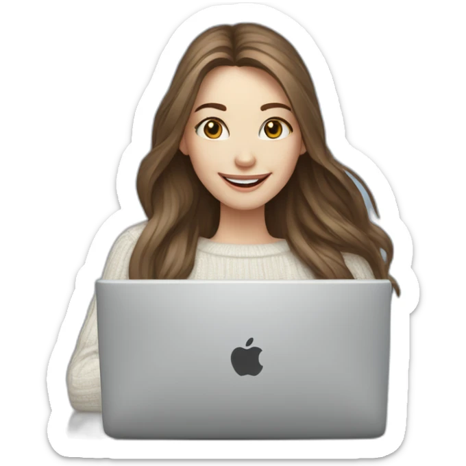 smiling woman pale skin middle brown long straight hair with a laptop with infinity logo and a coffee mug wearing a white woolly shirt having in a snowstorm sticker