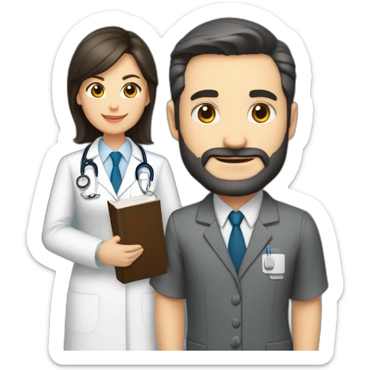 husband caucasian age 55 dark hair trimmed beard wearing business suit holding bible, wife asian age 55 dark hair nurse uniform, no children sticker