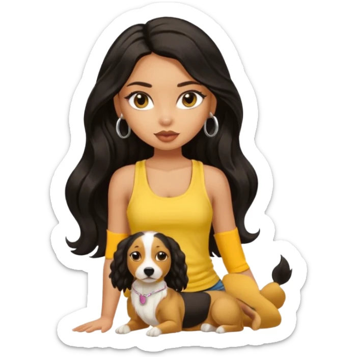 a tan pretty bratz girl with long wavy black hair, wearing a yellow tank top with a dog sticker