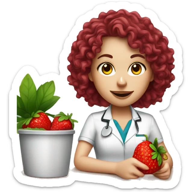 dietitian white girl burgundy curly hair eating a strawberry  sticker