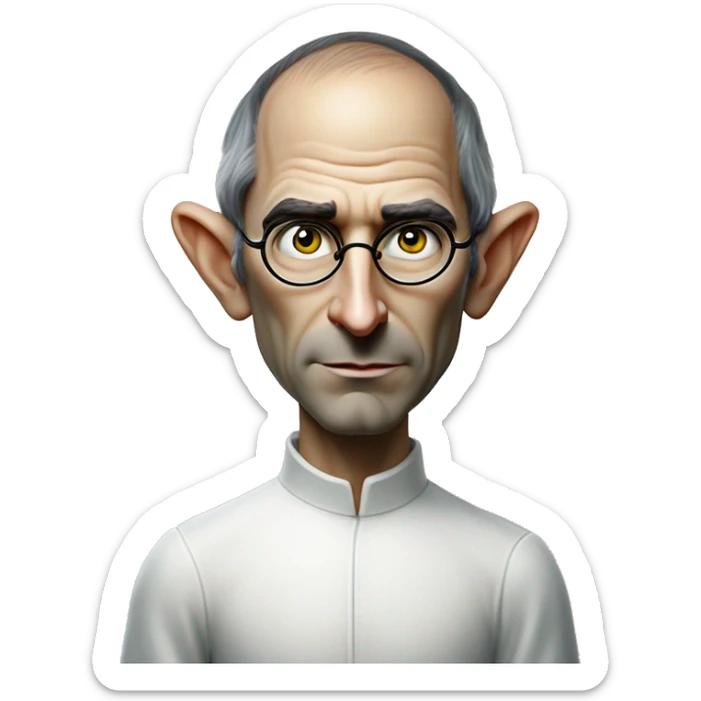 Warcraft elf award winning Steve Jobs in Apple ad style, oil paint, mysterious eyes, intricate lips, masterpiece pose, odd perspective, beautiful, desirable, logical sticker