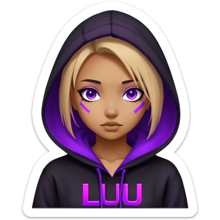 girl wearing black hoody with violet letters "Lu" in the hood without a face. Cyberpunk style. Violet neon. sticker