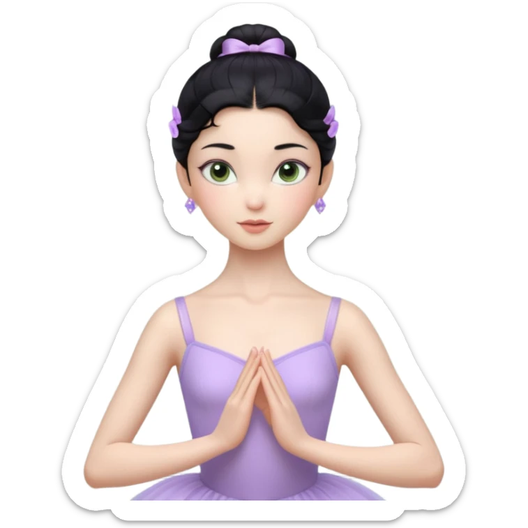 Cinematic Realistic ballerina Light Purple Portrait, depicted with lifelike skin texture, subtle rosy undertones, and soft natural lighting that enhances the gentle contours of her face. Her intricately detailed sweet black hair is elegantly styled, green eyes sticker