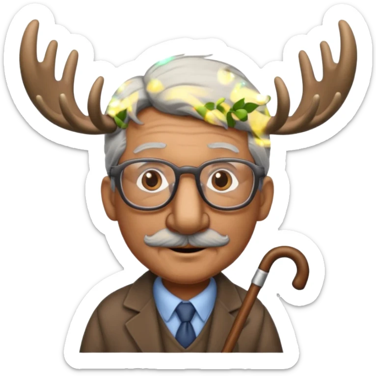 Create a slack emoji of a moose that looks very old.  He may have grey hair, glasses, and a cane. sticker
