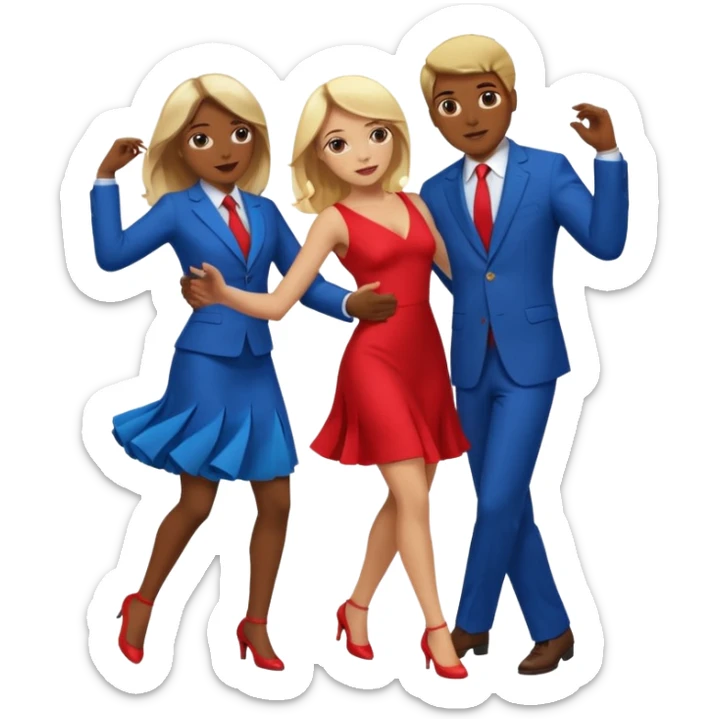 Two people dancing. One wearing red with light skin and blonde hair. One wearing bue with dark skin and brown hair. sticker