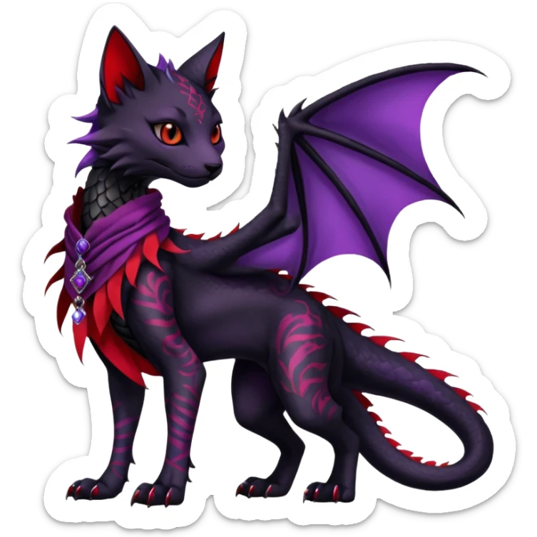 Kawaii feral, four-legged gothic dark badass black, red, purple, beautiful pretty elegant divine edgy feline-vernid-sergal-Haku-dragon-fursona-animal-creature, full body, with intricate detailed markings, silken shawl sticker