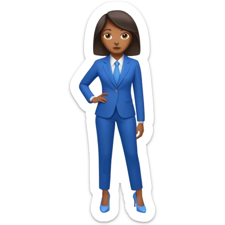 black woman in a blue smart suit and shoes, standing with hands by her side, neutral expression sticker