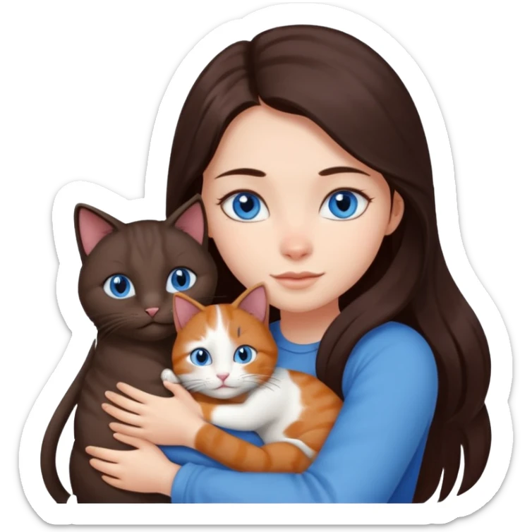 a girl with long dark 
brown hair, with blue eyes, hugs 3 different natural coloured cats sticker