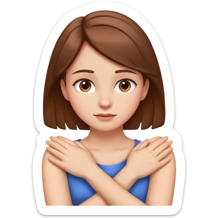 A girl with brown hair arms crossed and hands grabbing neck sticker