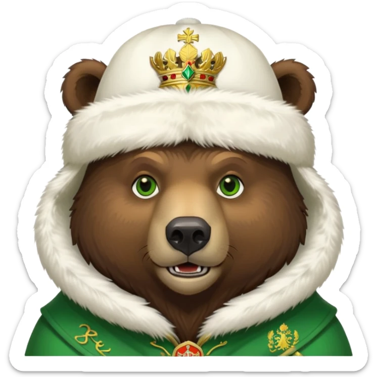 Dark brown grizzly bear face with green eyes, wearing a white fur hat with golden Russian coat of arms in the middle sticker