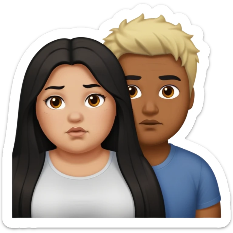 Girl with long black hair who's fat is trying to take a guy with brown are and blond frosted tips in it and he's giving her a dirty look sticker