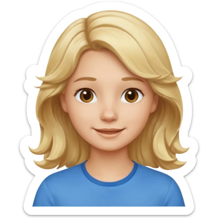 Happy blond girl with light weavy hair with a blue shirt but we can see only her face and neck and the top of the t shirt, no whole body sticker