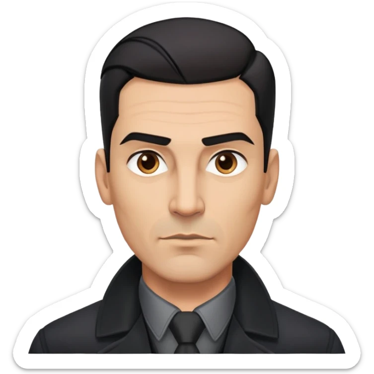 Athletic Hispanic man in his 40s-50s with light brown skin, short straight black hair slicked back with fade on sides, square face with strong jawline, thick eyebrows, wide nose, wearing black overcoat with gray buttoned shirt underneath sticker