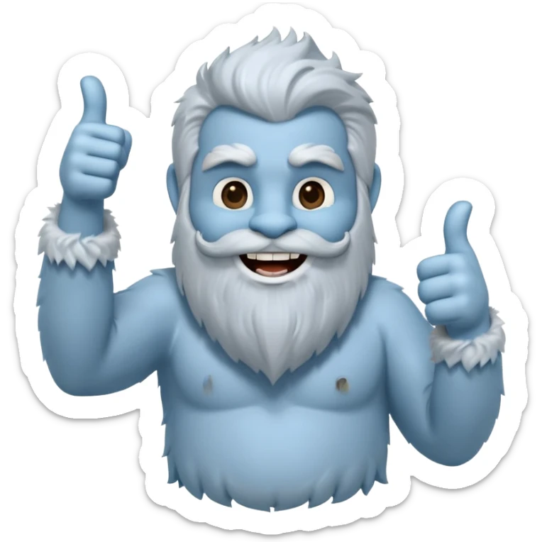yeti, full body, ice grey blue, full beard, full fur, thumbs up, smiling, winking sticker