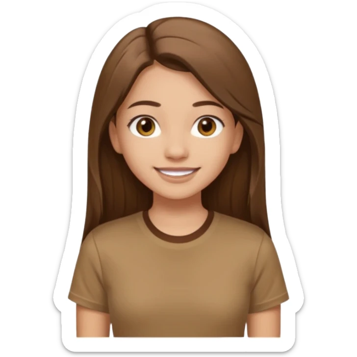 Waist-up girl standing straight on white background. Wearing a brown Skims t-shirt. Very long straight brown hair with a middle part. Brown eyes with long lashes. Smiling with braces. sticker