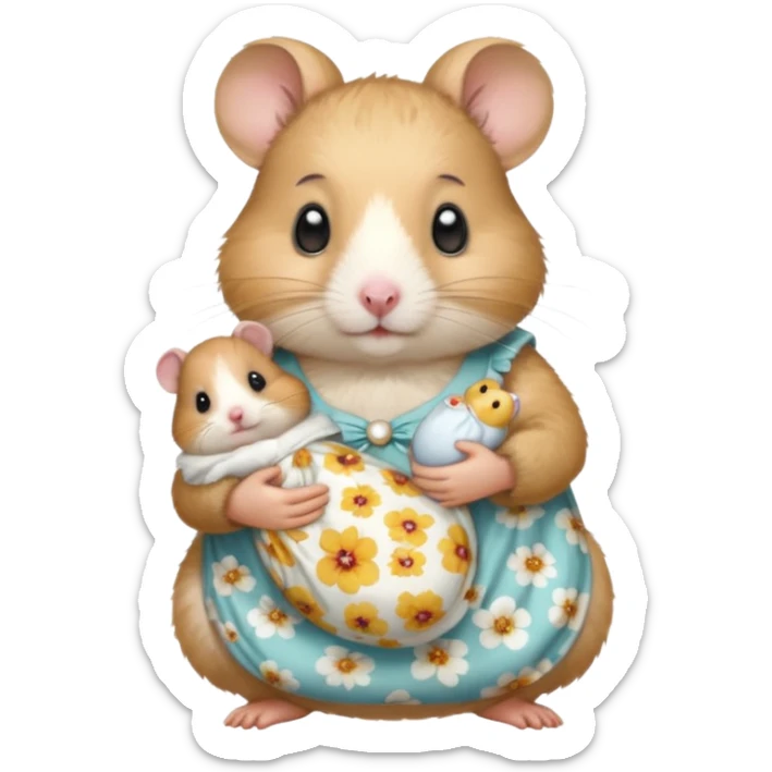 Mama white pretty hamster girl wearing floral dress holding a baby hamster wearing nappy and dummy sticker
