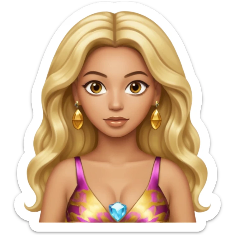 Beyonce hazel eyes, platinum blonde long hair, gold dress with earrings sticker