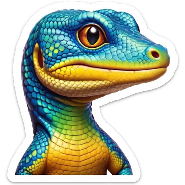 Cinematic Cute Monitor Lizard Portrait Emoji, Head tilted playfully and inquisitively, with a sleek, patterned body accented by vibrant hues and round, sparkling eyes full of wonder, Simplified yet irresistibly adorable features, highly detailed, glowing with a warm, friendly glow, high shine, affectionate and lively, stylized with a touch of exotic charm, bright and endearing, soft glowing outline, capturing the essence of a mischievous yet captivating lizard that seems as if it could scuttle out of the screen into your arms! sticker