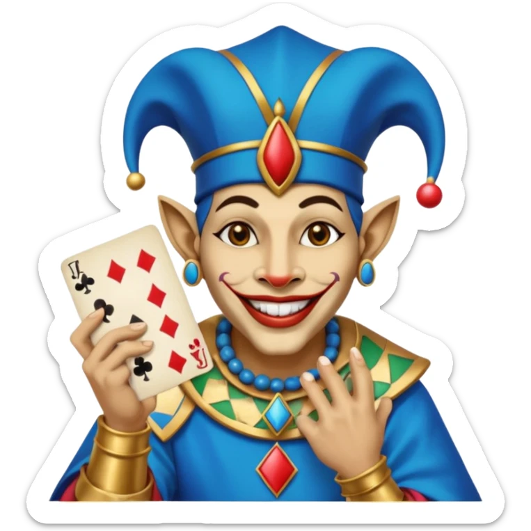 crazy colorful egyptian anubi jolly joker from poker, medieval, vintage, court jester, mac os icon, blue color, holds a single poker card on the right paw sticker