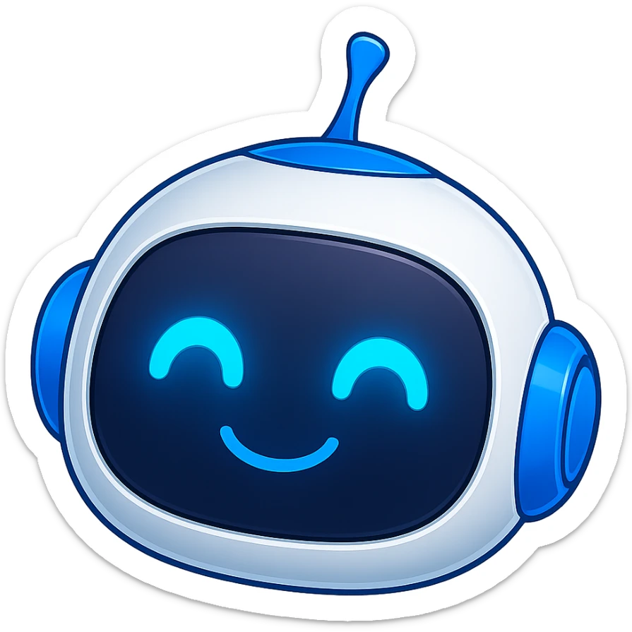 Create an image of a robot head only, matching the style and colors of the reference robot which is blue and white, with glowing blue eyes. The robot head should look cute and friendly. No background, transparent background preferred. sticker