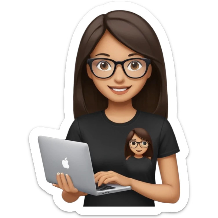 woman with tan skin, long straight dark-brown hair and glasses, smiling and holding mac computer, wearing black t shirt sticker
