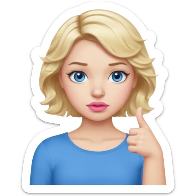 Girl Blonde short wavy hair,  blue eyes, cute blue top, long lashes, pink lips, showing thumbs down 👎  sticker
