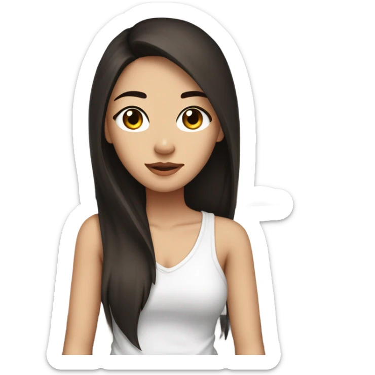 a pretty girl, asian, straight long dark brown hair, dark brown eyes, with a white pillow and white bedsheets sticker