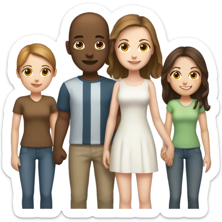 Two girls and one guy holding hands, both girls white skin, one girl brown hair, other girl no hair, guy is standing in the middle and has short brown hair sticker