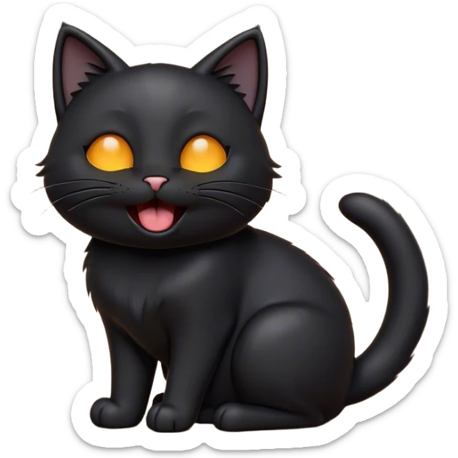 Cinematic Cute Black Cat Portrait Emoji, Head tilted playfully and yawning, sleek black fur with subtle hints of dark gray, Simplified yet adorable features, highly detailed, glowing with a warm, friendly glow, high shine, curious and affectionate, stylized with a touch of whimsy, bright and alert, soft glowing outline, capturing the essence of a mischievous yet loving kitten, so endearing it feels like it could leap out of the screen and stretch! sticker