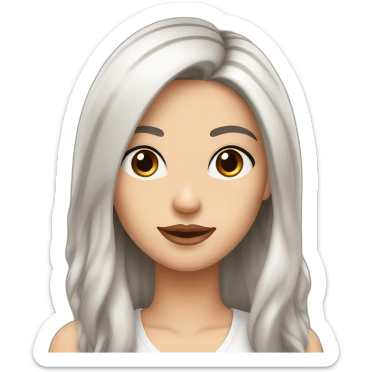 One white women with long dark brown hair and long eyelashes dark brown eyes and thick dark brown eyebrows with one black dog with a white stripe on the neck and ears raised up sticker