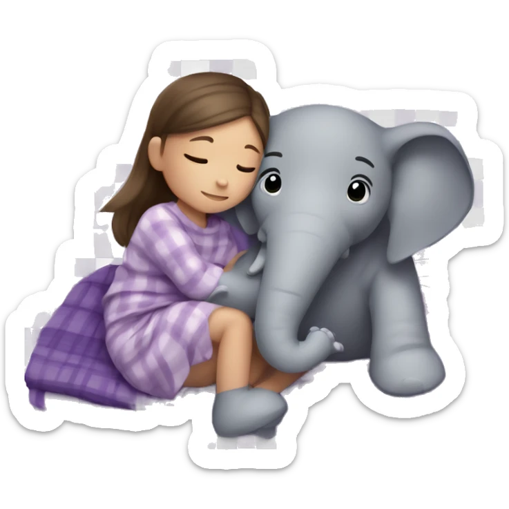 A little girl with brunette hair in two French braids laying in a bed wrapped in a plaid purple blanket hugging a stuffed gray elephant.  sticker