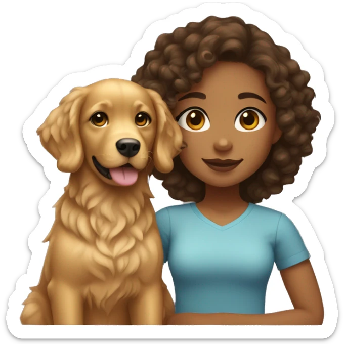 Mixed skin girl with  curly hair with a golden retriever puppy sticker