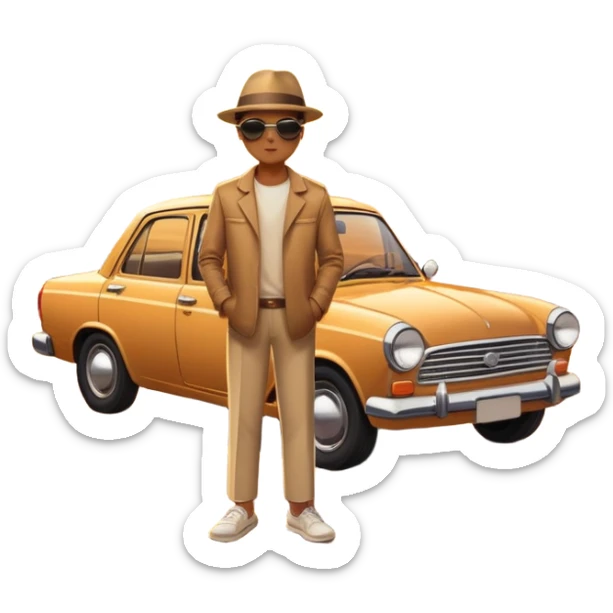 A parked car rests on the side of a long with a person outside , empty road stretching toward a golden sunset. The sky glows with warm colors, and the landscape ahead feels open, peaceful, and full of promise. sticker