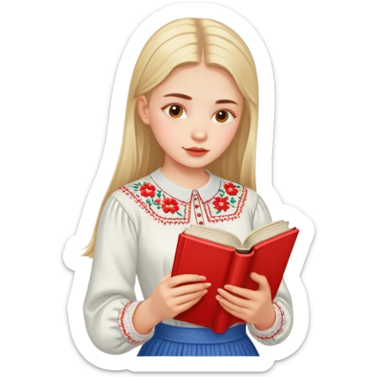 A Ukrainian girl in an embroidered shirt reads a red book sticker