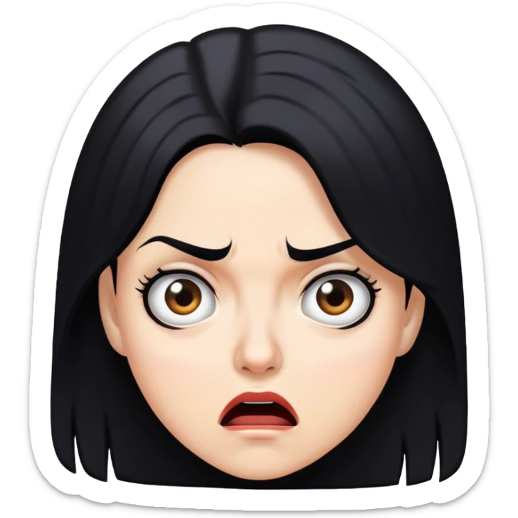 white woman black hair with face of shock, fear, and a raised eyebrow sticker