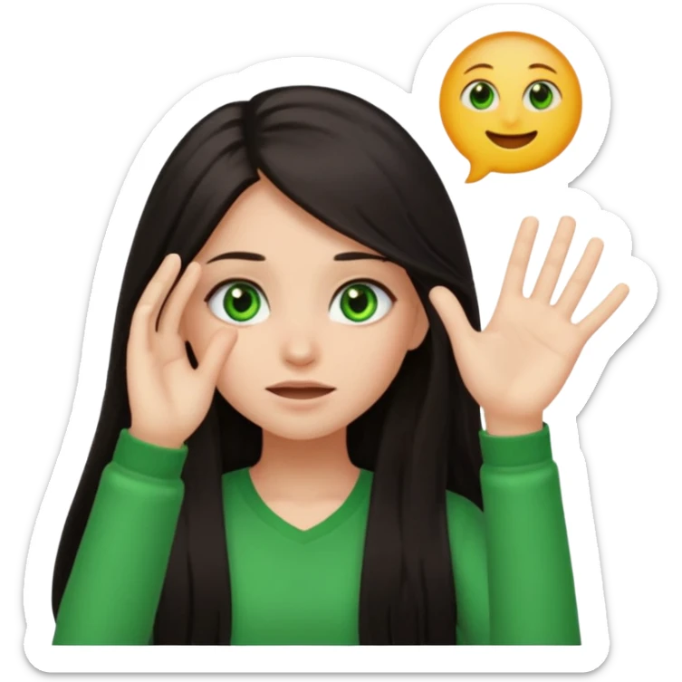 Animated girl dark long hair green eyes emoji with duh facial expression ,one hand on top of her head sticker