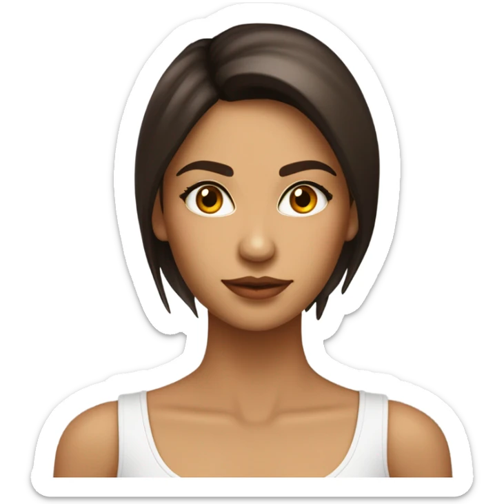 Chica morena de piel con pelo castaño oscuro listo y largo. Cara delgada, ojos marrones oscuros y labios carnosos. . Delgada . Top blanco.  sticker