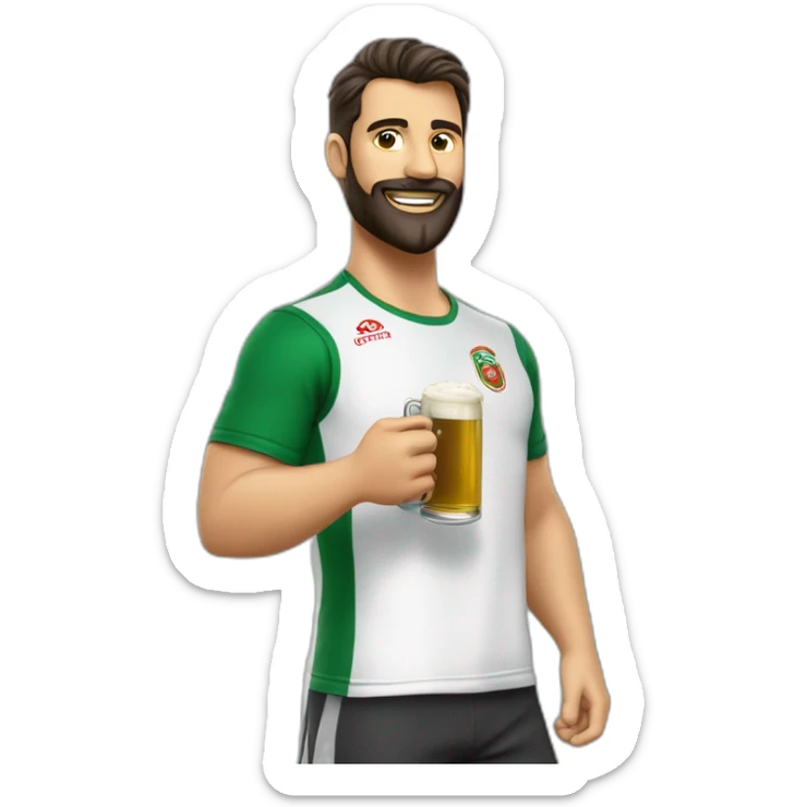 Hombre moreno con barba tomando cerveza con una camiseta del Córdoba C.F sticker