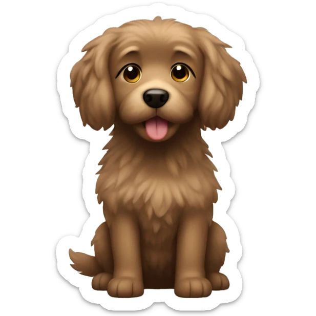 Small brown dog turning grey with fluffy hair and a light brown teddy in its mouth sticker