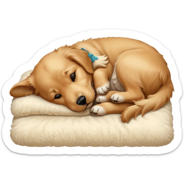 A Golden Retriever puppy sleeping peacefully on a soft blanket indoors. Cozy home environment, natural lighting, soft focus, adorable realism. sticker