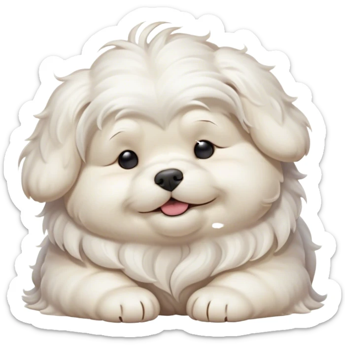 Cinematic Meme-Worthy Chubby Sleeping Wavy-Haired Maltese dog Portrait Emoji, Head resting peacefully with a contented smile, featuring a delightfully chubby build and a luxuriously soft, wavy-haired white coat, eyes shut in a serene nap, Simplified yet hilariously adorable features, highly detailed, glowing with a soft, drowsy light, high shine, relaxed and utterly lovable, stylized with an air of playful laziness, bright and endearing, soft glowing outline, capturing the essence of a comically sleepy companion, so meme-worthy it feels like it could instantly become the next viral sensation of adorable slumber! sticker