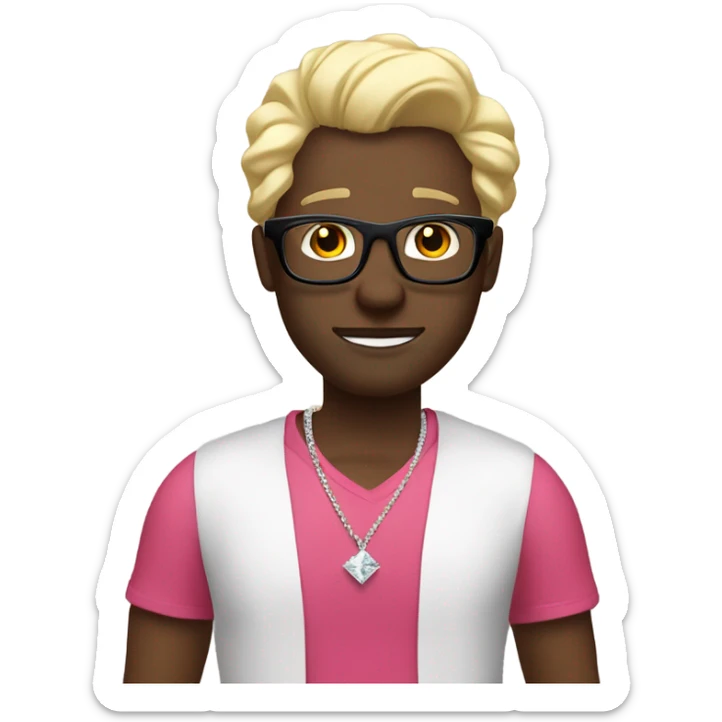 “black guy red shirt glasses” standing with “white gal blonde hair pink dress diamond necklace” sticker