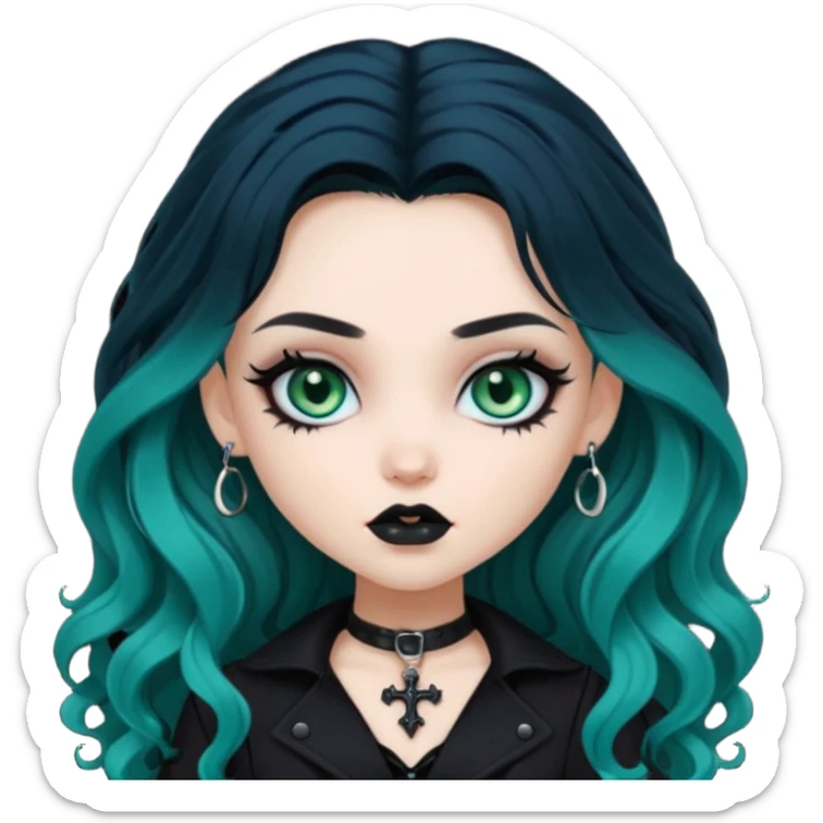 goth bratz baddie, beautiful blue-green eyes, long wavy hair, black gothic hair styled, black goth clothes sticker
