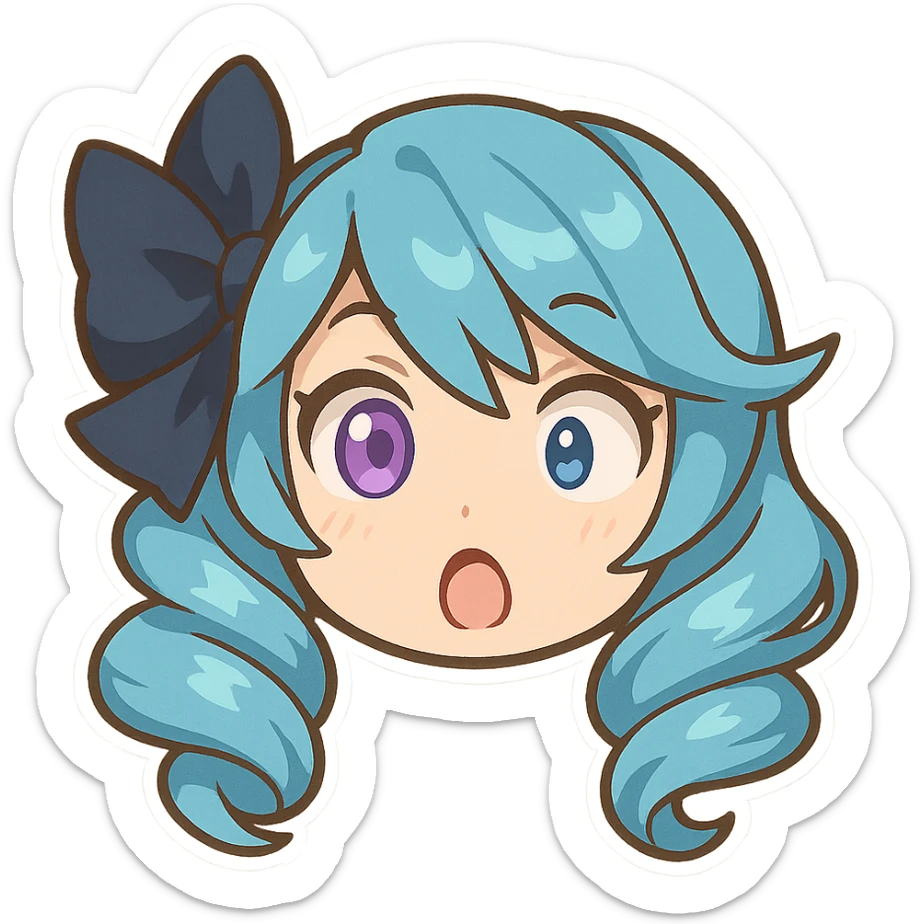 chibi emote of Gwen from League of Legends, only the head, right eye purple, borderless, surprised expression sticker